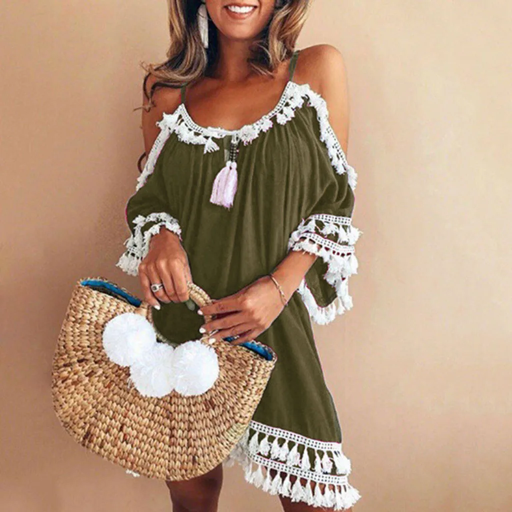 Hot Sale Fashion Women Off Shoulder Dress Tassel Short Cocktail Party Beach Dresses Sundress sexy vestidos playa robe de