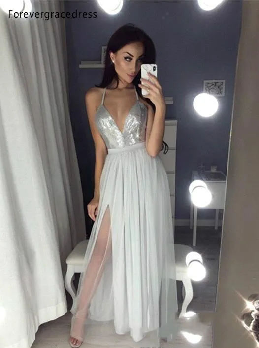 Silver Gray Split Evening Dresses 2019 Hot Sell Reflective Sequined Prom Party Gowns A Line Spaghetti Straps Long Plus Size BC0855  119 (7)