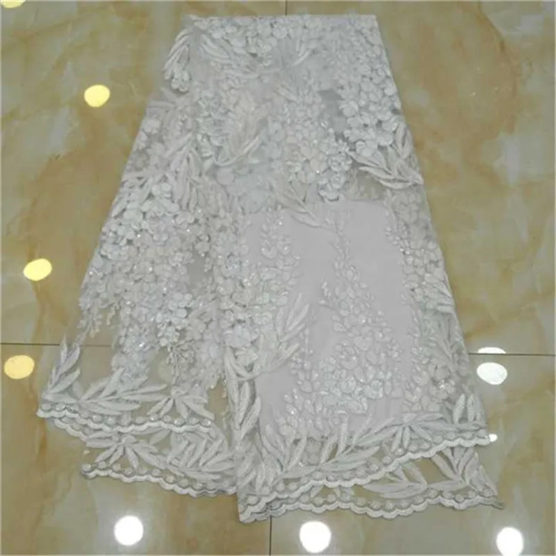 

New design French Net Sequin Lace Fabric 2019 Latest african sequence lace fabric with 3d flowers white embroidery tulle fabric