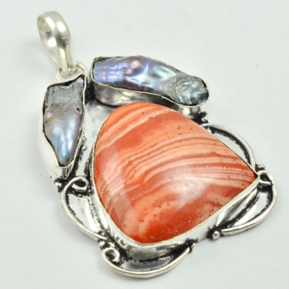 

Red Jaspers & Biwa Pearls Pendant Silver Overlay over Copper , 60 mm, P3036