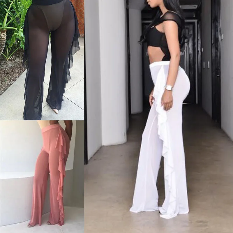 Women's Beach Mesh Sheer Bikini Cover Up Swimwear Transparent Long Pant Trousers