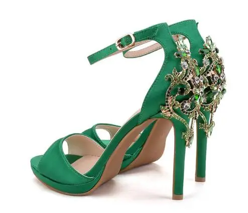 

Sexy crystal platform sandals for women Fashion black/green solid color open toe super high thin heel sandals Ladies'dress shoes
