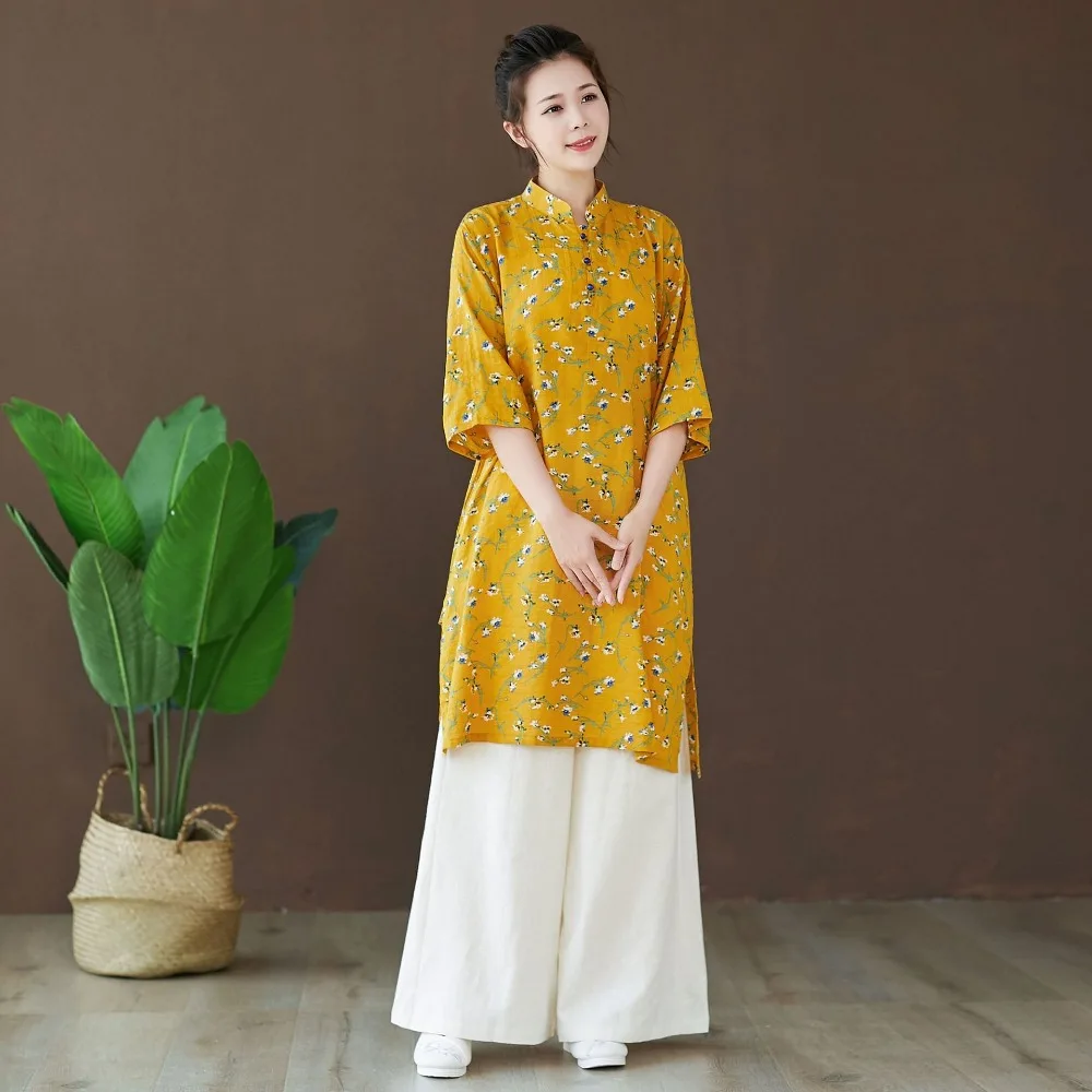 LZJN 2019 Autumn Blouse Long Sleeve O-Neck Chinese Style Shirt Ethnic Ladies Cotton Tunic Tops Floral Blouses for Women 2 Colors (3)