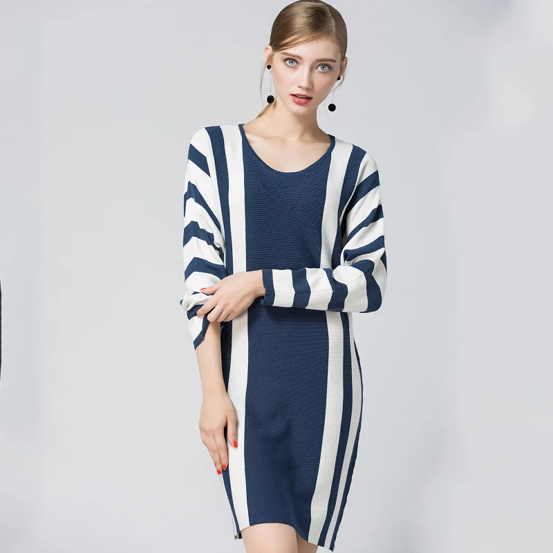 Autumn women striped knitted sweater dress o neck winter long batwing