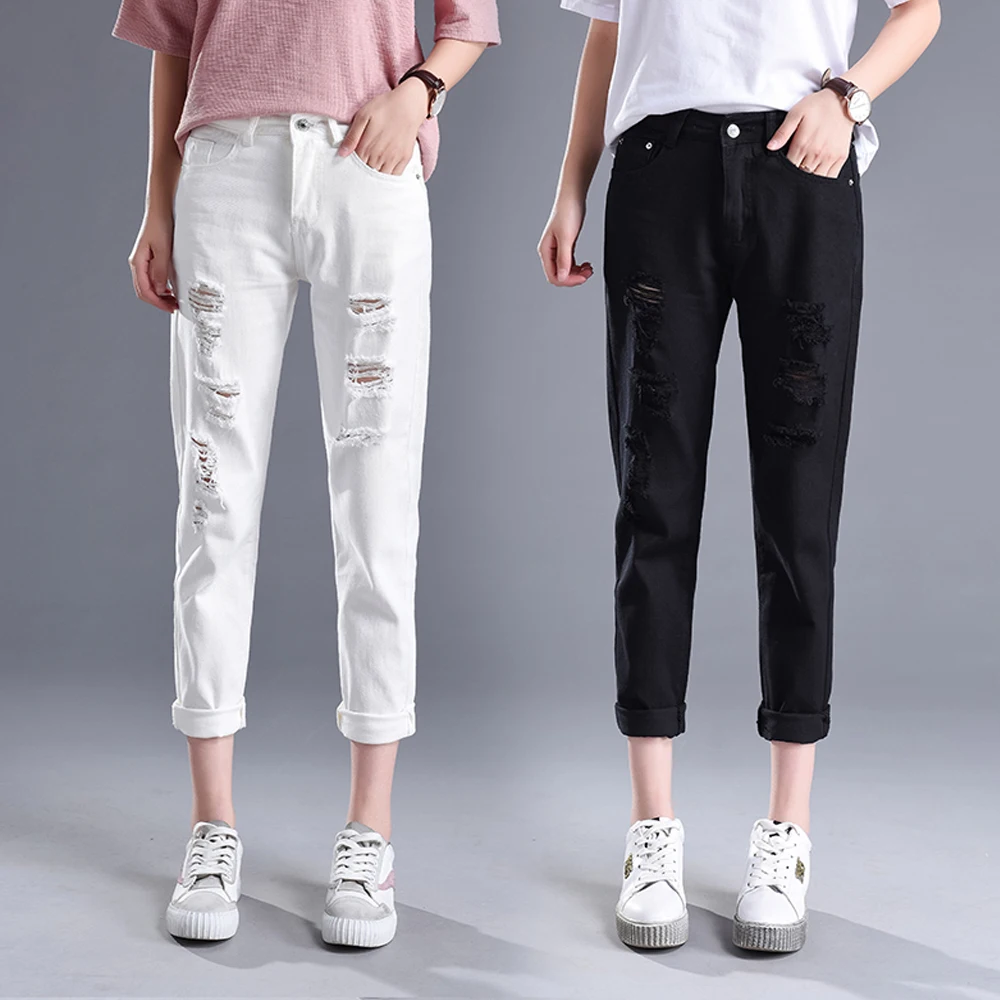 Новые женские рваные узкие джинсы деним шаровары классические черные белые свободные бойфренды Стильные повседневные джинсы брюки длиной до щиколотки