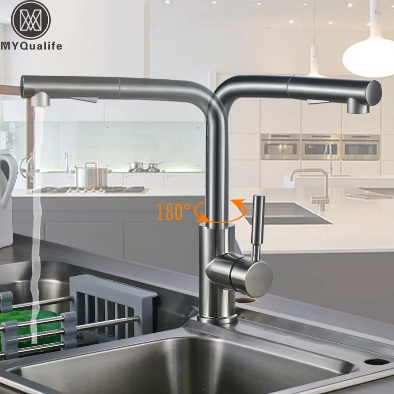 

Luxury Brushed Pull Out Kitchen Faucet One Handle Sprayer Stream Spout Hot and Cold Water Taps 360 Rotate Pull Down Sprayer