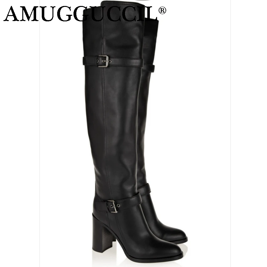 Beste 2018 Nieuwe Plus Big Size 31 45 Zwart Lederen Gesp Hoge Hak Sexy Knie Hoge Herfst Winter Meisje Dame vrouwtjes Womens Laarzen X1650
