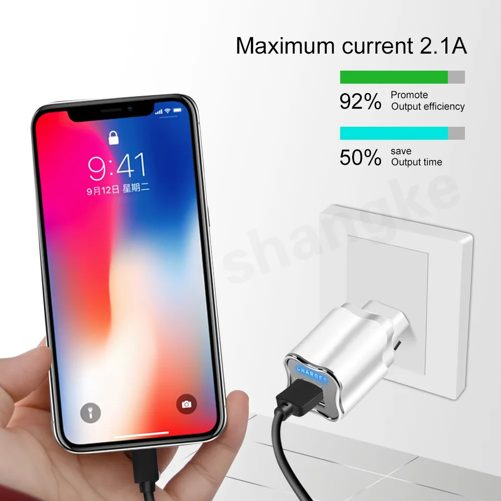 Двойной USB зарядное устройство для телефона зарядное устройство ЕС США штекер светодиодный светильник 5 в 2.1A быстрое зарядное устройство адаптер для iPhone samsung Xiaomi зарядное устройство для мобильного телефона