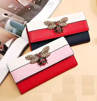 

Women Designer Genuine Leather Wallet Famous Brands Bee Purse Ladies Long Leather Wallet Luxury Female Tri-color Bag