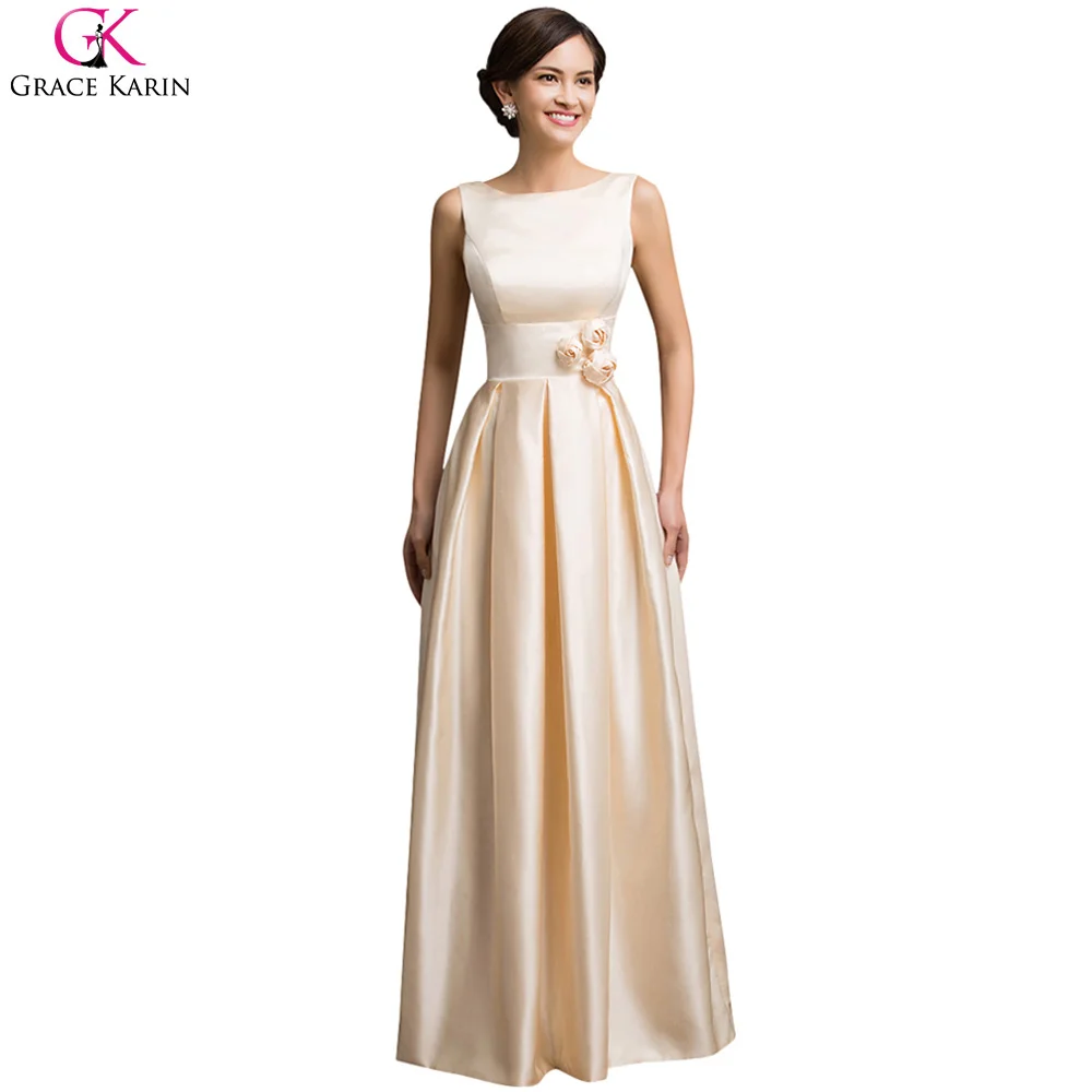 Grace Karin Prom Dresses Champagne Satin Elegant Formal Gowns Open Back Vestidos Graduacion Long Wedding Party