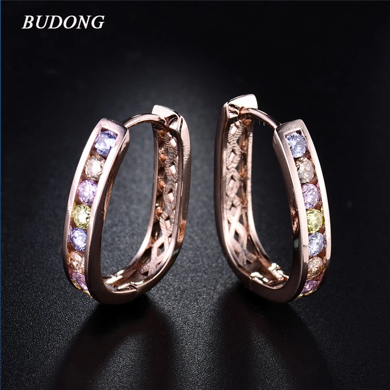 

BUDONG Fashion Hoop Earring for Women Square Pierced Rose Gold Color Earing Multicolored Crystal Zirconia Jewelry XUE307