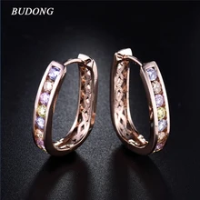 BUDONG Fashion Hoop Earring for Women Square Pierced Rose Gold Color Earing Multicolored Crystal Zirconia Jewelry