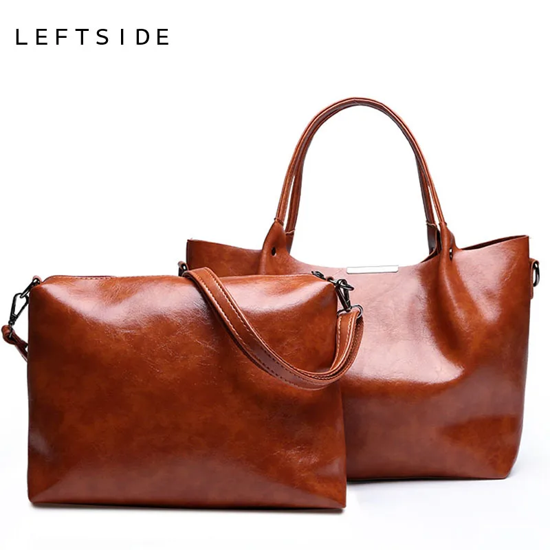 

LEFTSIDE 2PCS/SET Women Messenger Bags 2018 Fashion Oil Wax Leather Crossbody Bag Luxury Handbags Lady Bags Shoulder Bag