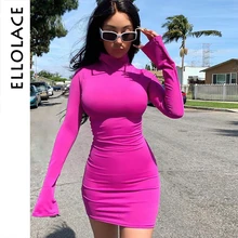 дешево! Ellolace Turtlenekck Flare с длинным рукавом Розовые мини-облегающие платья Slim Fit Эластичные женщ Лучший!