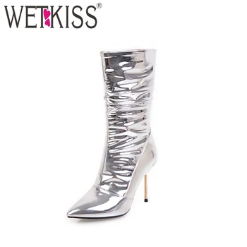 

WETKISS Pointed toe Zipper Footwear Sexy Stiletto Patent Women's Boots Female Party Bar Fashion Shoes Woman Winter Boots