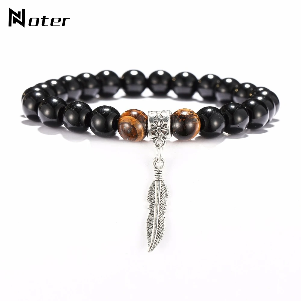 

Hot 8mm Beads Bracelet Men Vintage Feather Bracelet Cute Maple Leaf Design Strand Braslet Charm Yoga Prayer Cross Bracelet Joyas