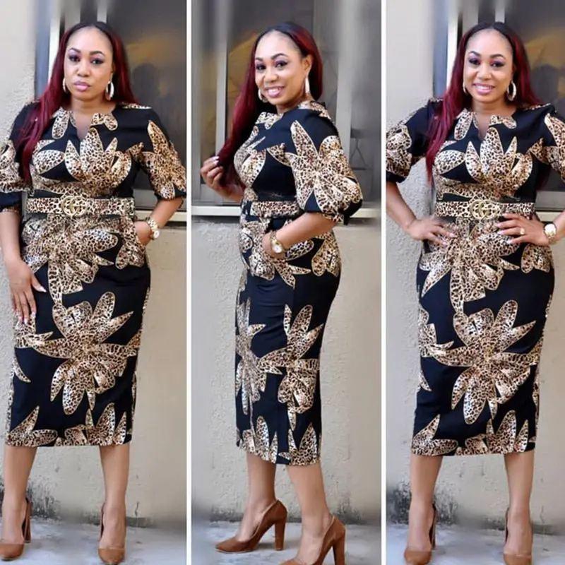 

H&D 2019 african dresses for women office lady plus size dresses flower printed dress with belt african dashiki clothes S8015