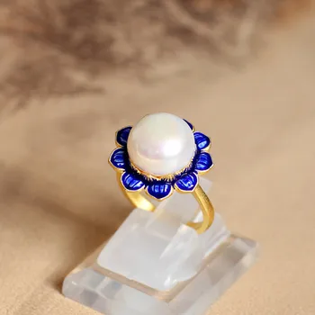 

S925 silver Cloisonne jewelry wholesale pearl ring new female flower