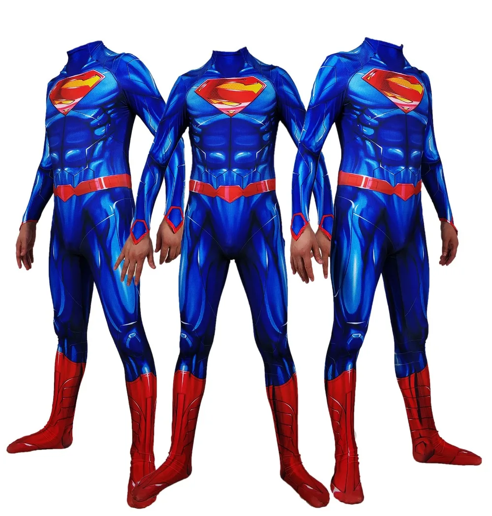 Бесплатная доставка костюмы на Хэллоуин, удивительные Супермен костюмы синий и красный спандекс супергероя Косплэй костюм для взрослых и