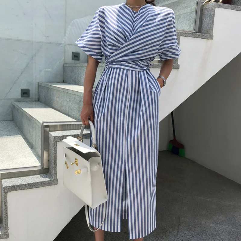 

Summer Dress Women Cotton Blue Striped Bandage Split Long Bodycon Cross Lace Waist Front Slit Dresses Robe Femme Ete Vestidos