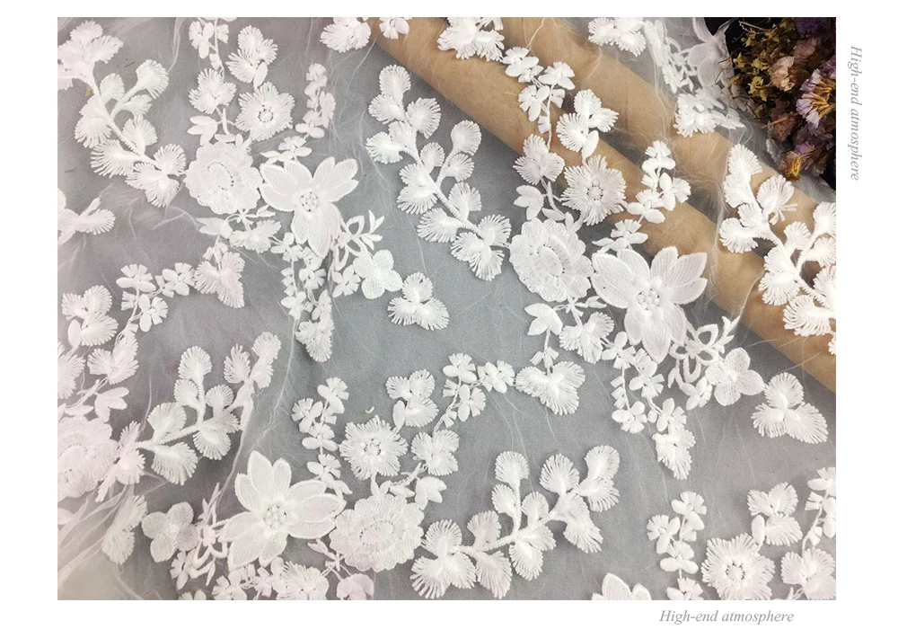 Модная женская шифоновая кружевная ткань для платья, белая трехмерная вышитая Свадебная Лоскутная швейная ткань yx609