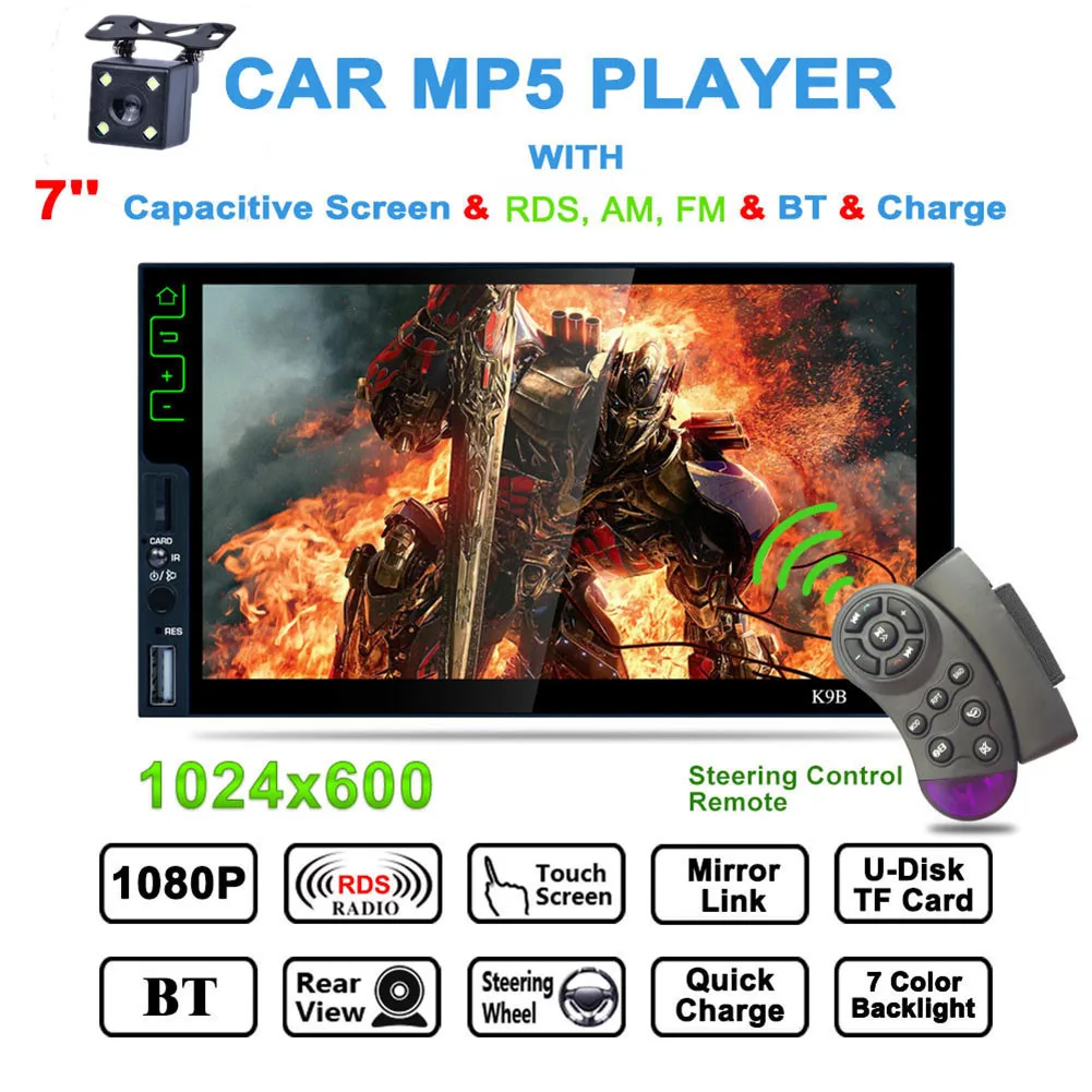 

7" 2 Din HD Bluetooth K9B Car MP5 Player Stereo Audio RDS AM FM Radio Tuner Mirrorlink Steering Wheel Remote Control with Camera