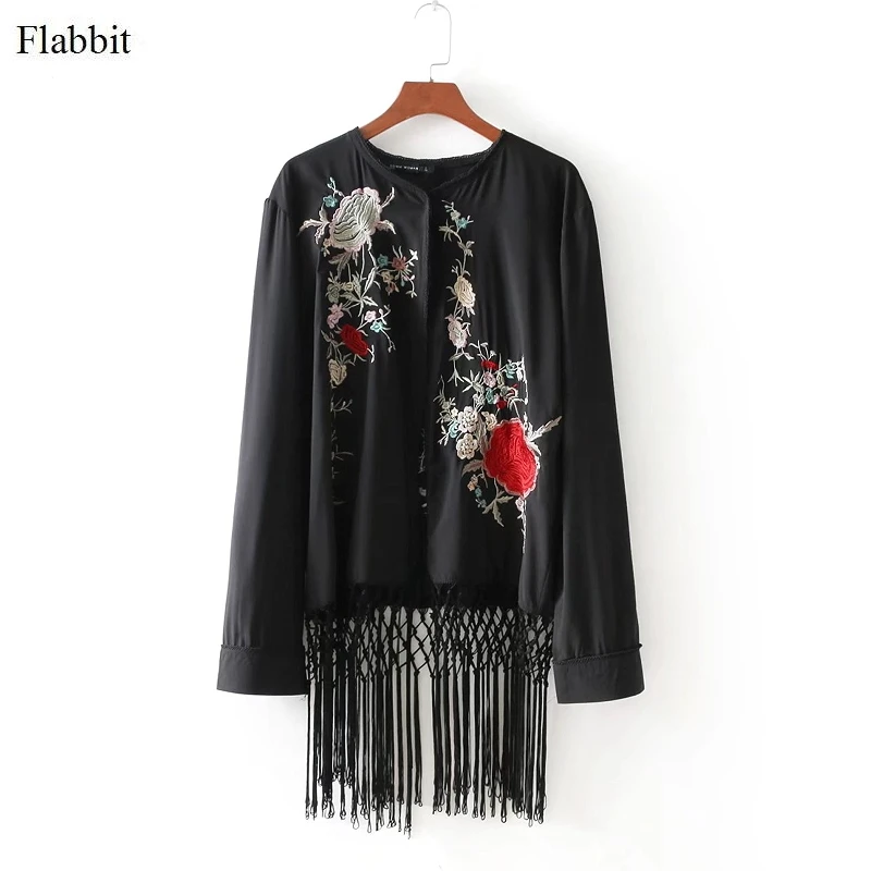 

Flabbit Women flower embroidery hem tassel patchwork Kimono style black jacket Casual Long sleeve outwear Coat Loose Tops CT004