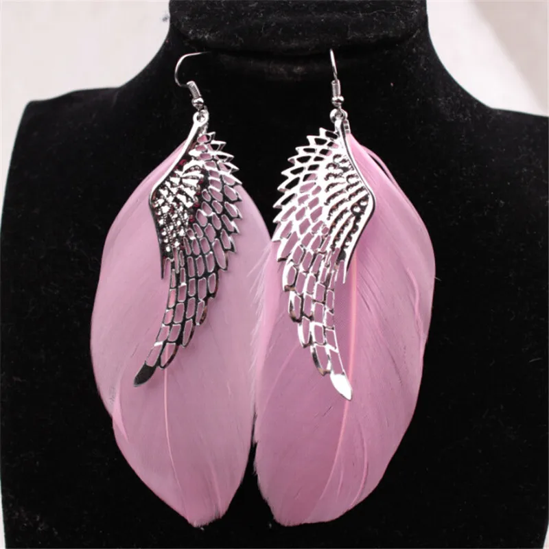 

LNRRABC Dangle Angel Wing Silver Alloy Earrings Women Bohemian Long White Pink Feather Earrings Fashion Jewelry Drop Shipping