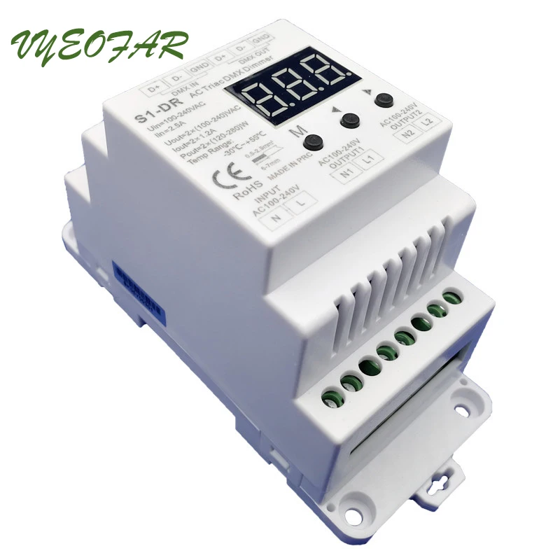 New DMX512 AC Triac Dimmer S1 DR;Input 100 240VAC; Output 2 x 1.2A 100
