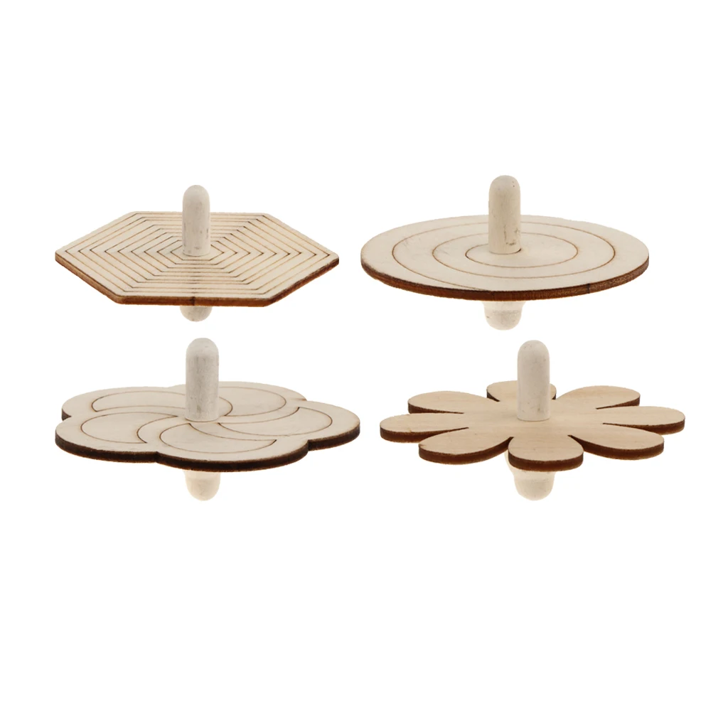 4 Pieces Funny Educational Natural Wood Gyro Spinning Top Toys For Kids Children