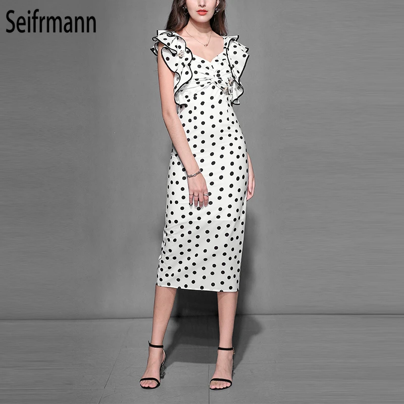 

Seifrmann New 2019 Women Spring Summer Dress Runway Fashion Designer V-Neck Appliques Ruffles Dot Printed Elegant Vintage Dress