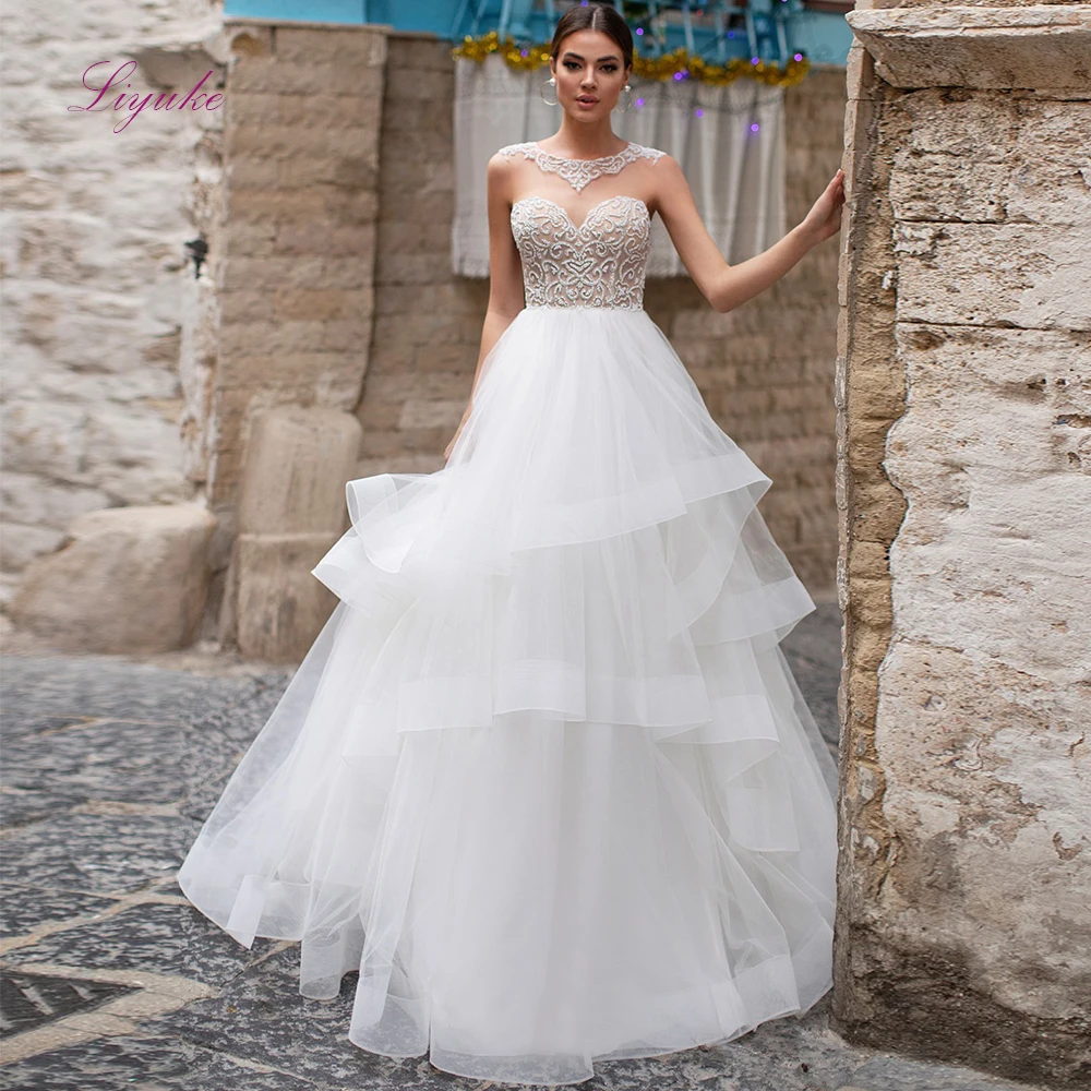 Liyuke 2019 свадебное платье для свадьбы бальное платье с круглым вырезом кружево Бисероплетение Аппликации без рукавов Многоярусное