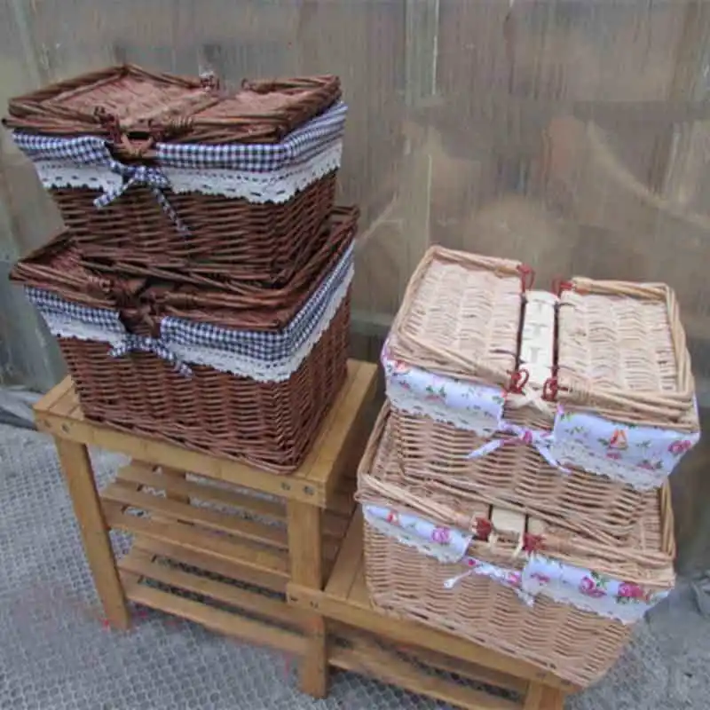 

Big Vintage Wicker Picnic Basket With Lid and Handle Food Bread Folding Picnic Basket Hamper Woven Ratton Fruit Storage Basket