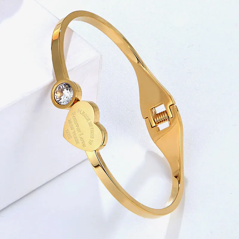 Bangle Bracelet Crystal Bracelets Open Spring Bangle Crystal And Engraving Forever Love Heart Brand Titanium Steel Women Gift