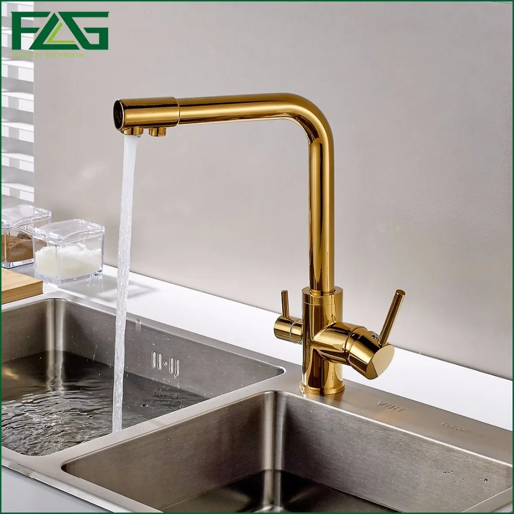  FLG 100% Copper Gold Finished Swivel Drinking Water Faucet 3 Way Water Filter Purifier Kitchen Fauc - 32789230275