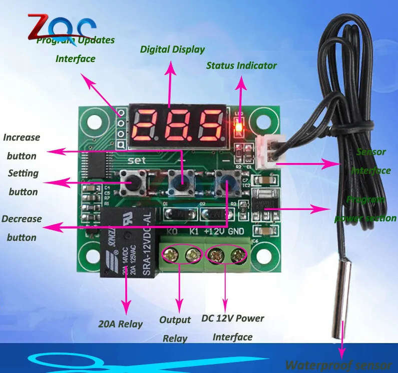W1209 светодио дный цифровой термостат Контроль температуры термометр Thermo Управление; модуль коммутатора DC 12 В Водонепроницаемый NTC Сенсор