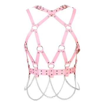 

Women Pink Leather Harness Cage Bra Belt Adjust Lingerie Body Bondage Sexy Hollow Out Tops Metal Chain Goth Dance Festival Rave