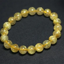 Натуральный желтый золотой волос иглы рутиловый кварц Rutilated готовой стрейч браслет круглые ювелирные бусины