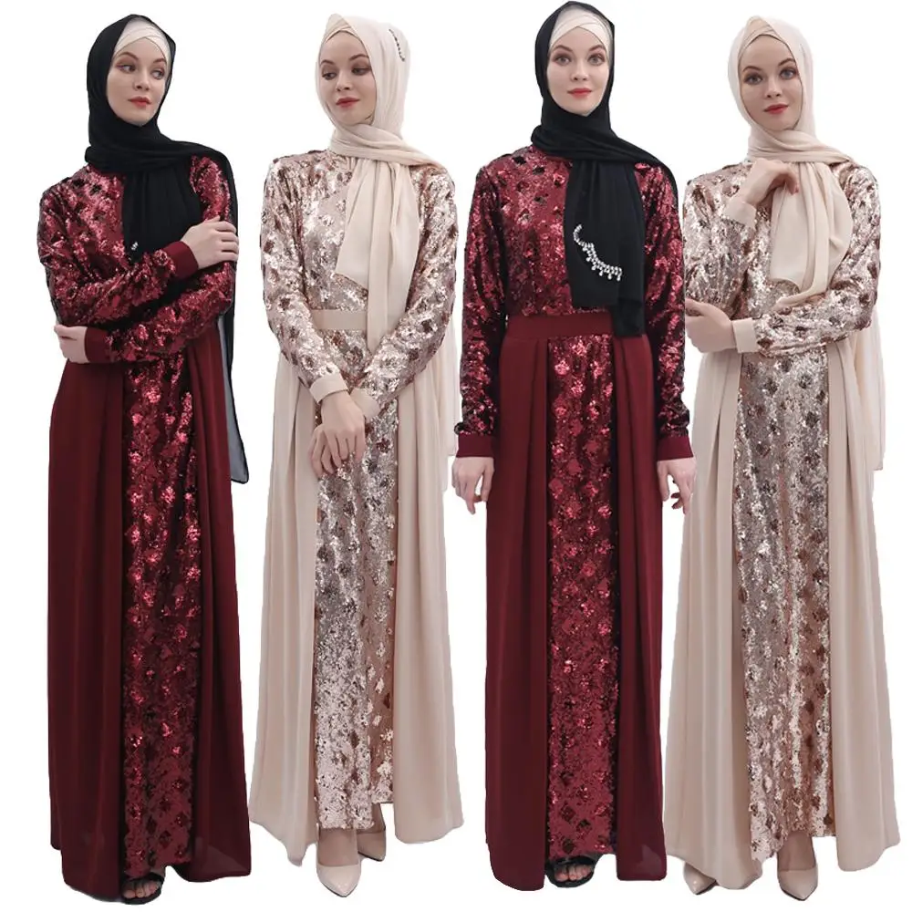 Дубайский кафтан с блестками мусульманский абайя Макси Вечерние платья арабский джилбаб халат платье Элегантная Исламская одежда с круглым вырезом лоскутное платье Мода