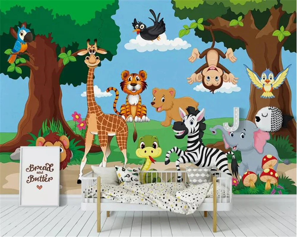 

Beibehang wallpaper for kids room Cartoon forest Tiger giraffe monkey animal background wall papel de parede 3d wallpaper mural