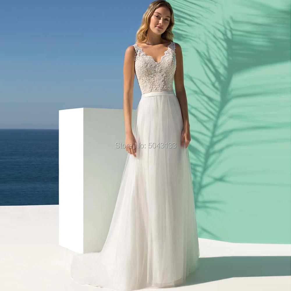 Simple Lace A Line Wedding Dress V Neck Floor Length Tulle Wedding Dresses Backless Bridal Gowns Cheap Vestido De Noiva F29