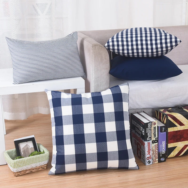 

30X45/40x40/45x45/50x50/60x60/70x70cm cotton linen deep blue plaid cushion cover decorative throw pillowcase sofa pillow cover