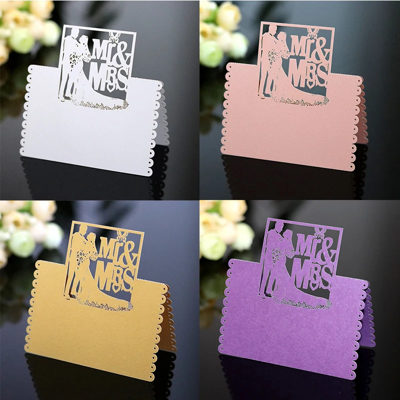 

50pcs Laser Cut Table Name Place Card Bride and Groom MR&MRS Guest Message Setting Card Wedding Event Party Favor Decorations