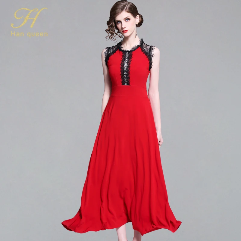 

H Han Queen Women 2019 Summer Sleeveless A-line Long Dress Elegant Lace O-neck Ankle-length Dresses New Patchwork Slim Vestidos