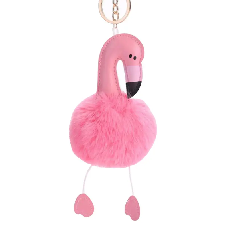 

QiYuFang Cute Pink Fluffy Pompom Keychain Flamingo Key Chain Fake Rabbit Fur Ball Women Car Bag Pompon Key Ring Pom Pom Holder