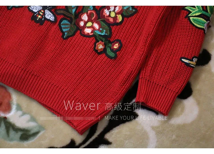 Высокое качество 30% шерстяной свитер для женщин Зимний V образным вырезом вышитый кролик Тигр цветы теплый вязаный кардиган красный