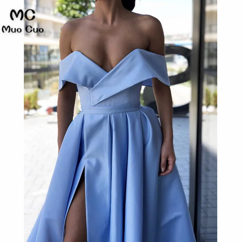 Off The Shoulder V-neck Satin Long Prom Dresses Leg Split67