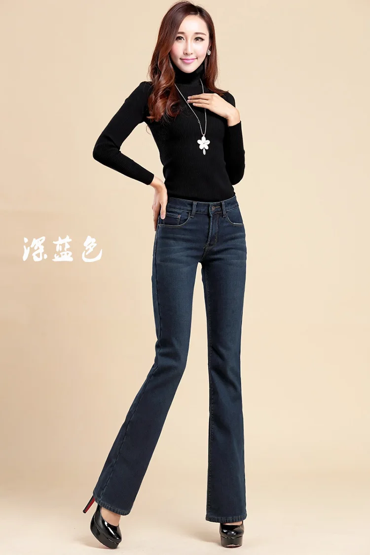 Высокое качество, женский плюс бархатный крой, джинсы, женские с высокой талией, флисовые джинсы, брюки-клеш 26-40