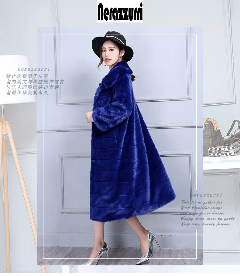 Nerazzurri зимнее винтажное пальто из искусственного меха женское с длинным рукавом и отложным воротником пушистое Королевское синее размера плюс верхняя одежда из искусственного меха 5xl 6xl