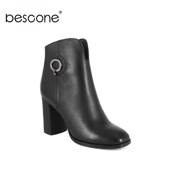 

BESCONE Genuine Leather Ankle Boots Elegant Square Heels Black Cow Leather Shoes Basic Round Metal Decoration Zipper Boots M89